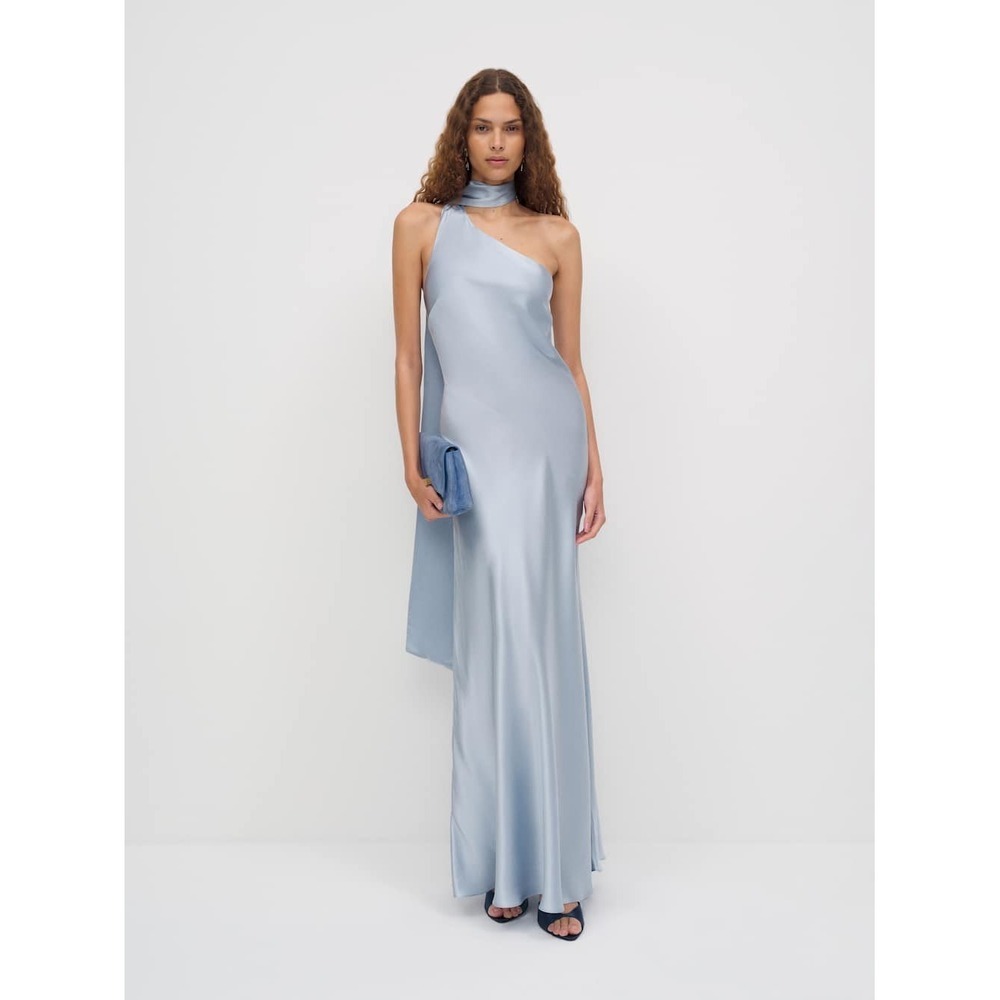 NWT Reformation One-Shoulder Satin Maxi Dress in Light Blue